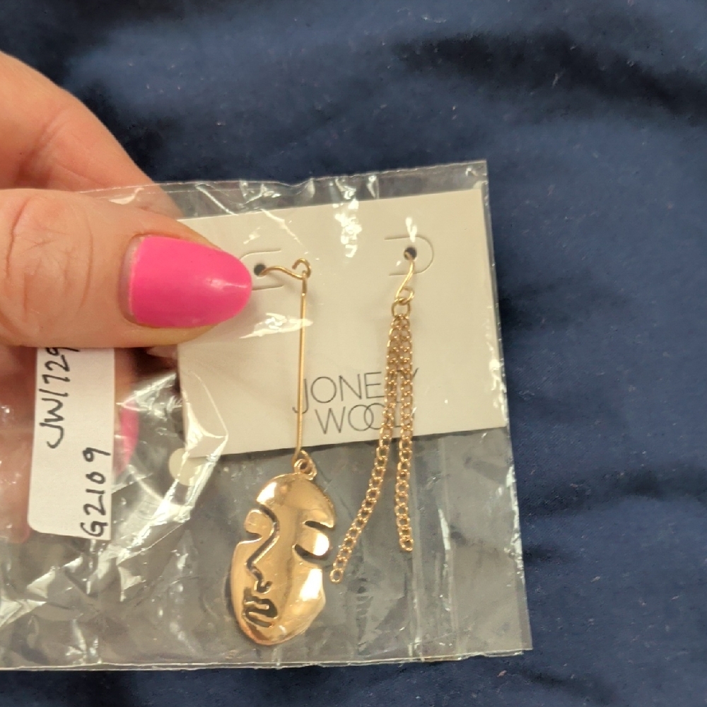 Gold Abstract Assymetric Face Dangle Earrings - Gold Tone